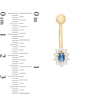 014 Gauge Oval Blue and Round White Cubic Zirconia Starburst Frame Belly Button Ring in 10K Gold