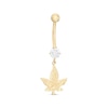 Thumbnail Image 0 of 014 Gauge 5mm Cubic Zirconia and Diamond-Cut Cannabis Leaf Dangle Belly Button Ring in 10K Gold