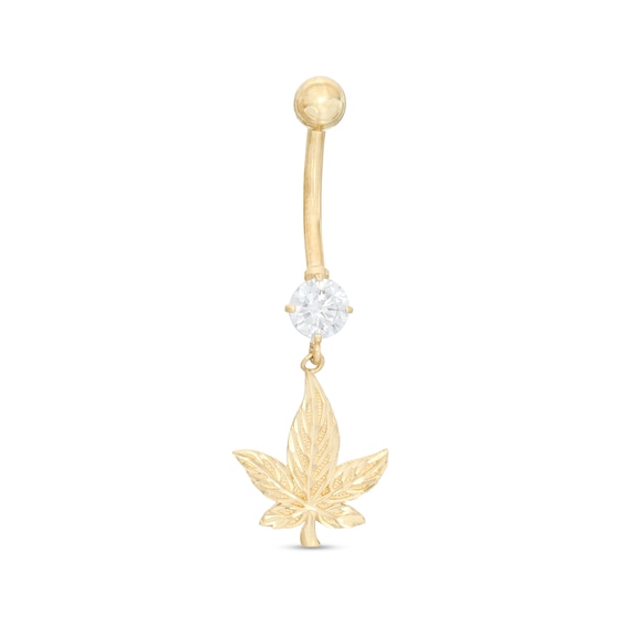014 Gauge 5mm Cubic Zirconia and Diamond-Cut Cannabis Leaf Dangle Belly Button Ring in 10K Gold