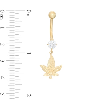 014 Gauge 5mm Cubic Zirconia and Diamond-Cut Cannabis Leaf Dangle Belly Button Ring in 10K Gold