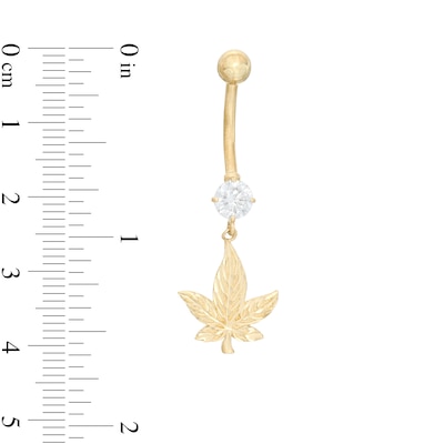 014 Gauge 5mm Cubic Zirconia and Diamond-Cut Cannabis Leaf Dangle Belly Button Ring in 10K Gold
