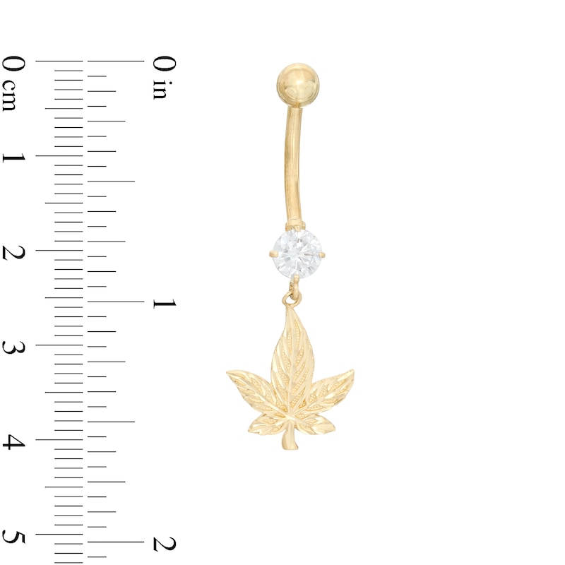 014 Gauge 5mm Cubic Zirconia and Diamond-Cut Cannabis Leaf Dangle Belly Button Ring in 10K Gold