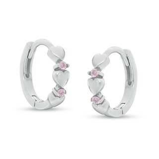 Child's Pink Cubic Zirconia Triple Heart Alternating Huggie Hoop Earrings in Sterling Silver