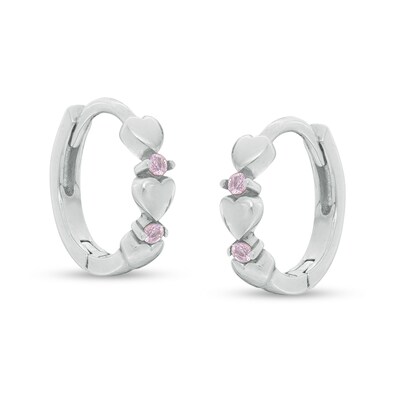 Child's Pink Cubic Zirconia Triple Heart Alternating Huggie Hoop Earrings in Sterling Silver