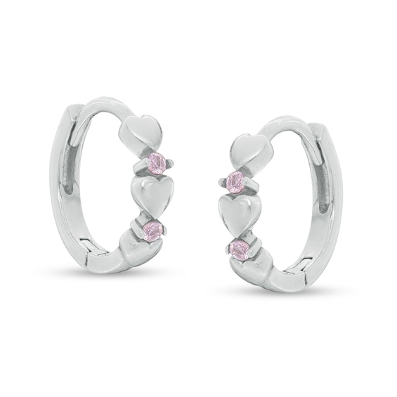 Child's Pink Cubic Zirconia Triple Heart Alternating Huggie Hoop Earrings in Sterling Silver