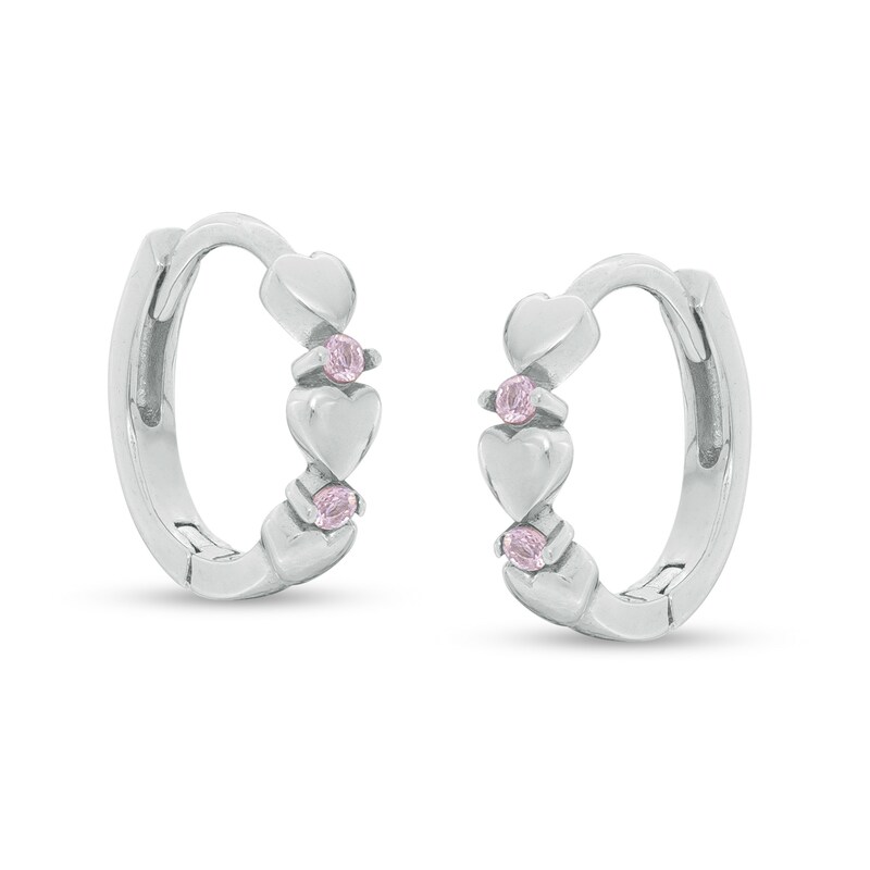 Child's Pink Cubic Zirconia Triple Heart Alternating Huggie Hoop Earrings in Sterling Silver