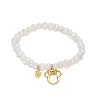 Child's Freshwater Cultured Pearl Stretch Bracelet with ©Disney Minnie Mouse and Heart Charms in 10K Gold -  4.75"