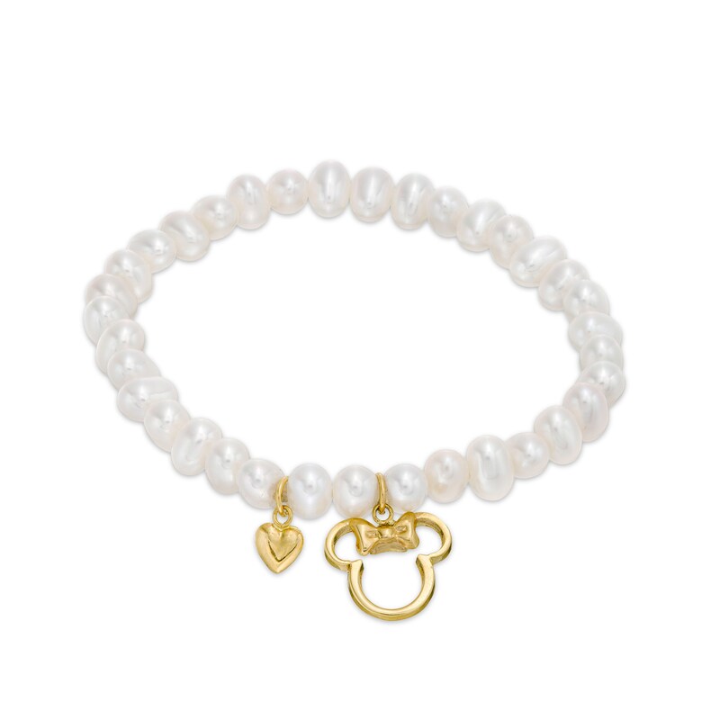 Child's Cultured Freshwater Pearl Stretch Bracelet with ©Disney Minnie Mouse and Heart Charms in 10K Gold -  4.75"