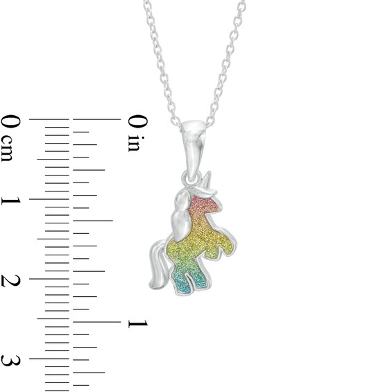 Child's Rainbow Glitter Enamel Unicorn Pendant in Sterling Silver - 15"