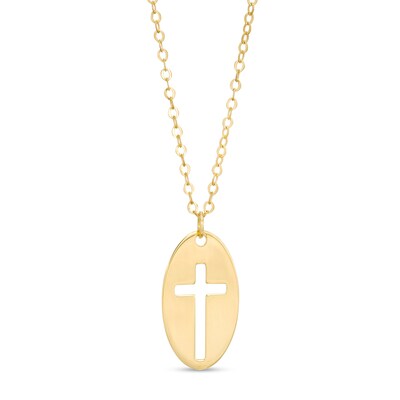 Made in Italy Child's Cross Cutout Oval Disc Pendant in 10K Gold - 13"