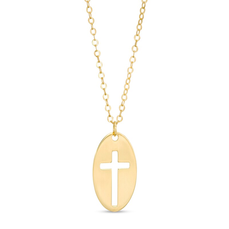 Made in Italy Child's Cross Cutout Oval Disc Pendant in 10K Gold - 13"