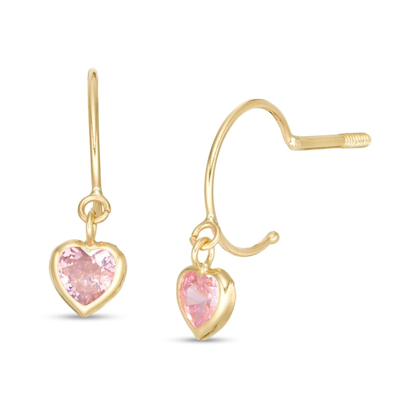 Child's 4mm Heart-Shaped Pink Cubic Zirconia Dangle 10mm Hoop Earrings in 10K Gold