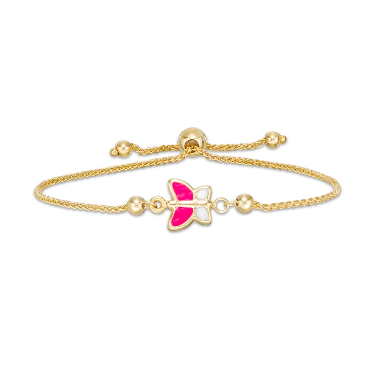 Child's Pink and White Enamel Butterfly Bolo Bracelet in 10K Gold - 6.75"