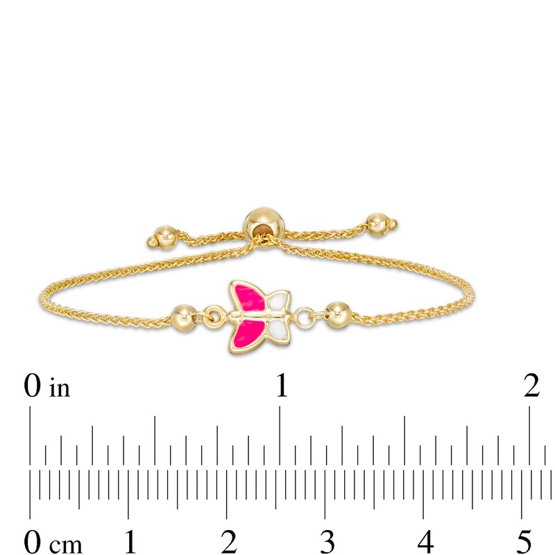 Child's Pink and White Enamel Butterfly Bolo Bracelet in 10K Gold - 6.75"