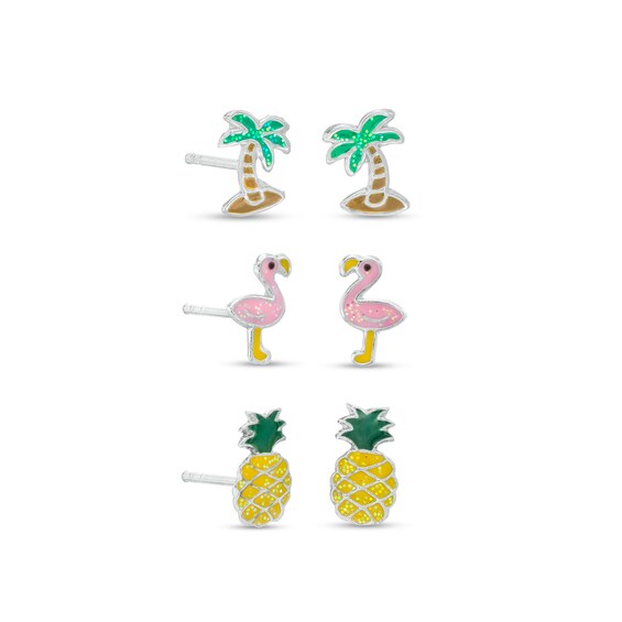 Child's Multi-Color Enamel Beach Theme Three Piece Stud Earrings Set in Sterling Silver