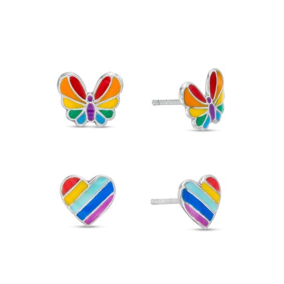 Child's Rainbow Enamel Butterfly and Heart Stud Earrings Set in Sterling Silver