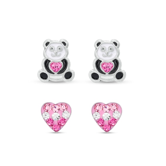 Child's Pink and White Crystal Heart and Enamel Panda Stud Earrings Set in Sterling Silver