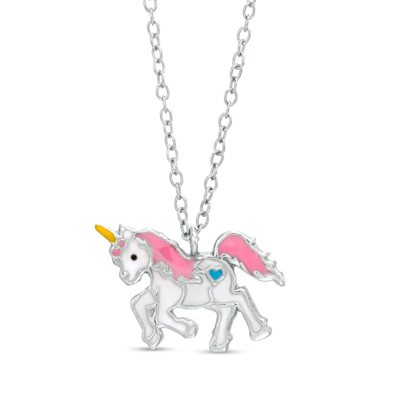 Main Image 1 of Child's Multi-Color Enamel Unicorn Pendant in Sterling Silver - 17&quot;