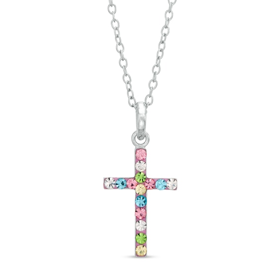 Child's Multi-Color Crystal Cross Pendant in Sterling Silver - 17"