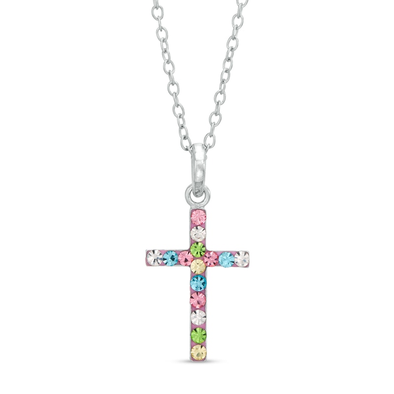 Main Image 1 of Child's Multi-Color Crystal Cross Pendant in Sterling Silver - 17"
