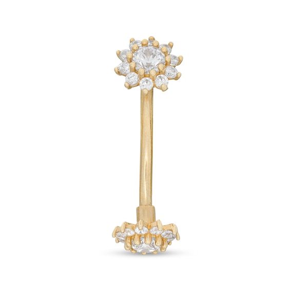 10K Solid Gold CZ Double Flower Belly Button Ring - 16G