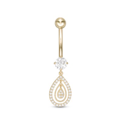 10K Solid Gold CZ Pear-Shaped Dangle Belly Button Ring - 14G