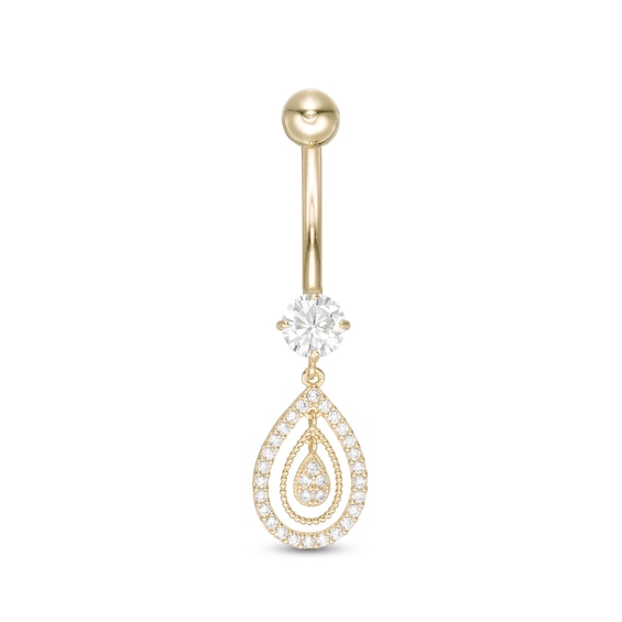 10K Solid Gold CZ Pear-Shaped Dangle Belly Button Ring - 14G