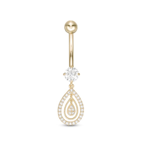 10K Solid Gold CZ Pear-Shaped Dangle Belly Button Ring - 14G