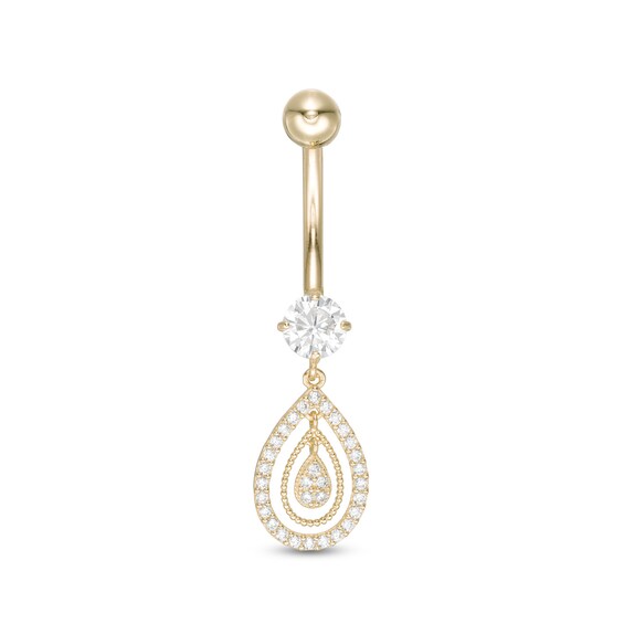 10K Solid Gold CZ Pear-Shaped Dangle Belly Button Ring - 14G