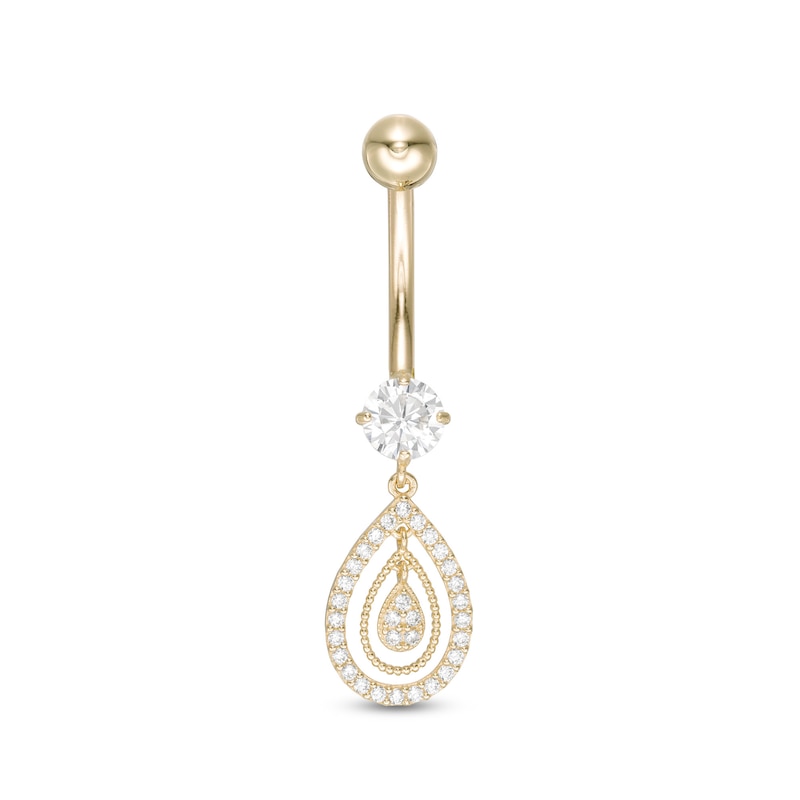 10K Solid Gold CZ Pear-Shaped Dangle Belly Button Ring - 14G