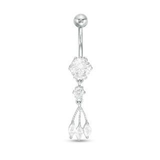Solid Stainless Steel CZ Marquise and Round Dangle Belly Button Ring - 14G