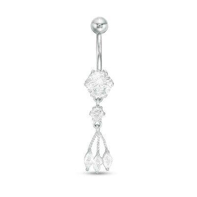 Solid Stainless Steel CZ Marquise and Round Dangle Belly Button Ring - 14G
