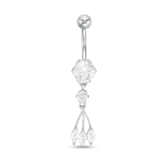 Solid Stainless Steel CZ Marquise and Round Dangle Belly Button Ring - 14G