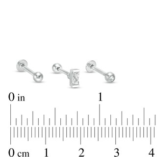 018 Gauge Baguette and Round Cubic Zirconia Three Piece Cartilage Barbell Set in Stainless Steel