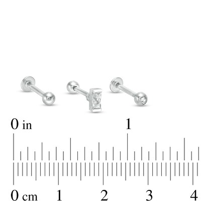018 Gauge Baguette and Round Cubic Zirconia Three Piece Cartilage Barbell Set in Stainless Steel