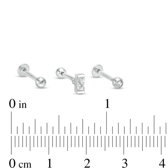 018 Gauge Baguette and Round Cubic Zirconia Three Piece Cartilage Barbell Set in Stainless Steel