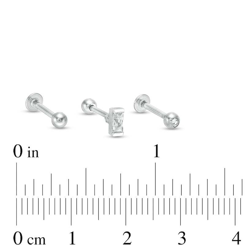 018 Gauge Baguette and Round Cubic Zirconia Three Piece Cartilage Barbell Set in Stainless Steel