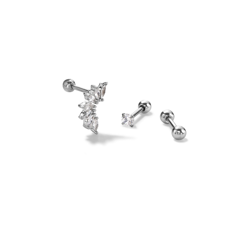 Solid Stainless Steel CZ Three Piece Stud Set - 18G