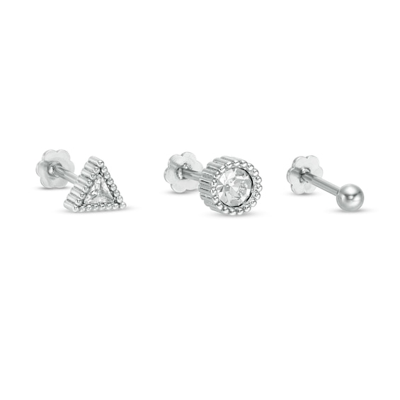 018 Gauge Crystal Three Piece Cartilage Barbell Set in Stainless Steel