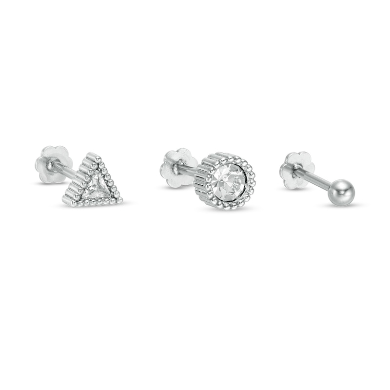 018 Gauge Crystal Three Piece Cartilage Barbell Set in Stainless Steel