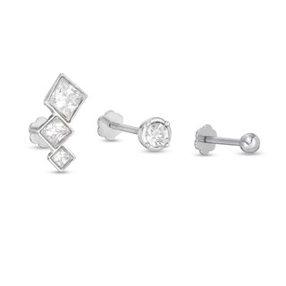 018 Gauge Princess-Cut and Round Crystal Geometric Three Piece Cartilage Barbell Set in Stainless Steel