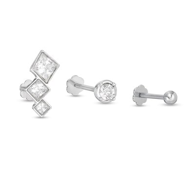 018 Gauge Princess-Cut and Round Crystal Geometric Three Piece Cartilage Barbell Set in Stainless Steel