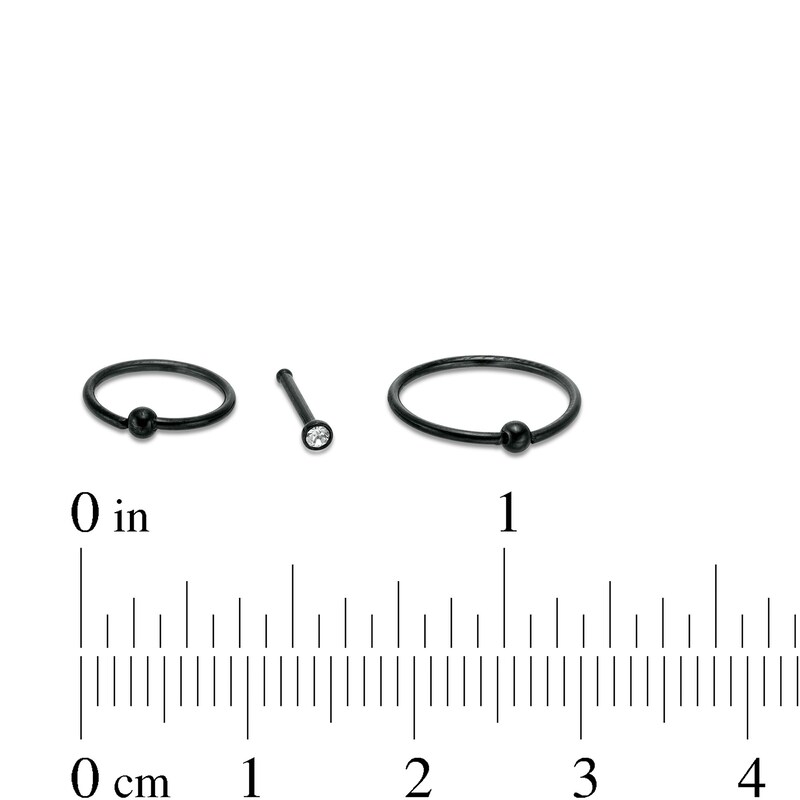 Main Image 2 of Black Ion Plated Crystal Three Piece Nose Ring Set - 20G