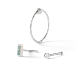 020 Gauge Baguette and Round Crystal Three Piece Nose Ring Set in Semi-Solid Sterling Silver