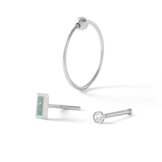 Semi-Solid Sterling Silver CZ and Crystal Three Piece Nose Ring Set - 20G