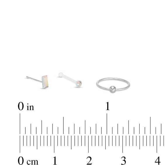 Semi-Solid Sterling Silver CZ and Crystal Three Piece Nose Ring Set - 20G