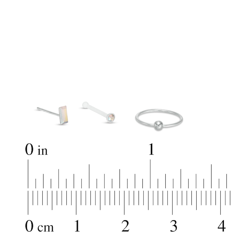 Semi-Solid Sterling Silver CZ and Crystal Three Piece Nose Ring Set - 20G
