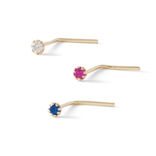 14K Solid Gold CZ Multi-Color Three Piece L-Shape Nose Stud Set - 24G