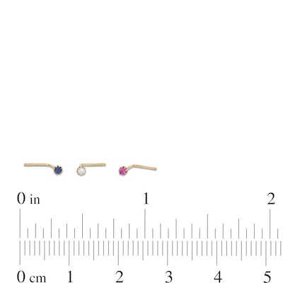 14K Solid Gold CZ Multi-Color Three Piece L-Shape Nose Stud Set - 24G