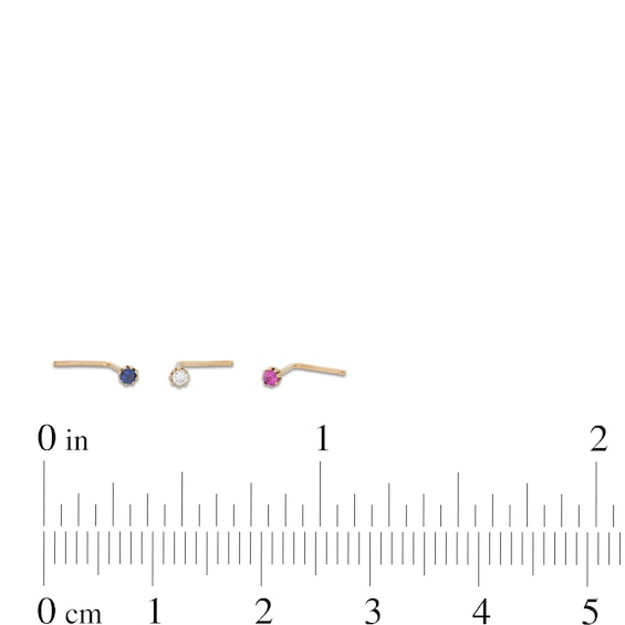14K Solid Gold CZ Multi-Color Three Piece L-Shape Nose Stud Set - 24G